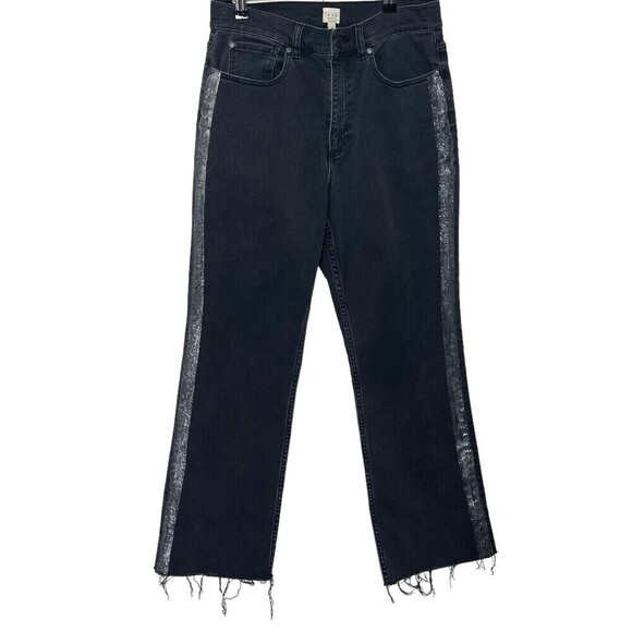 La Vie Rebecca Taylor Glitter Stripe Jeans Flare Fringe Hem Black Womens Size 29 - Picture 1 of 11